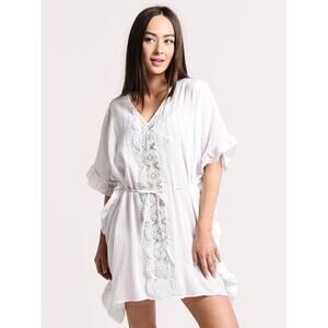 Seafolly Sea Stripe Lace Trim White Kaftan Swimsuit Cover ONE SIZE